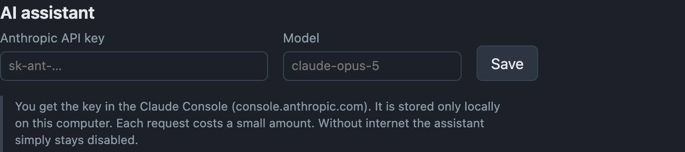 AI settings with API key and model