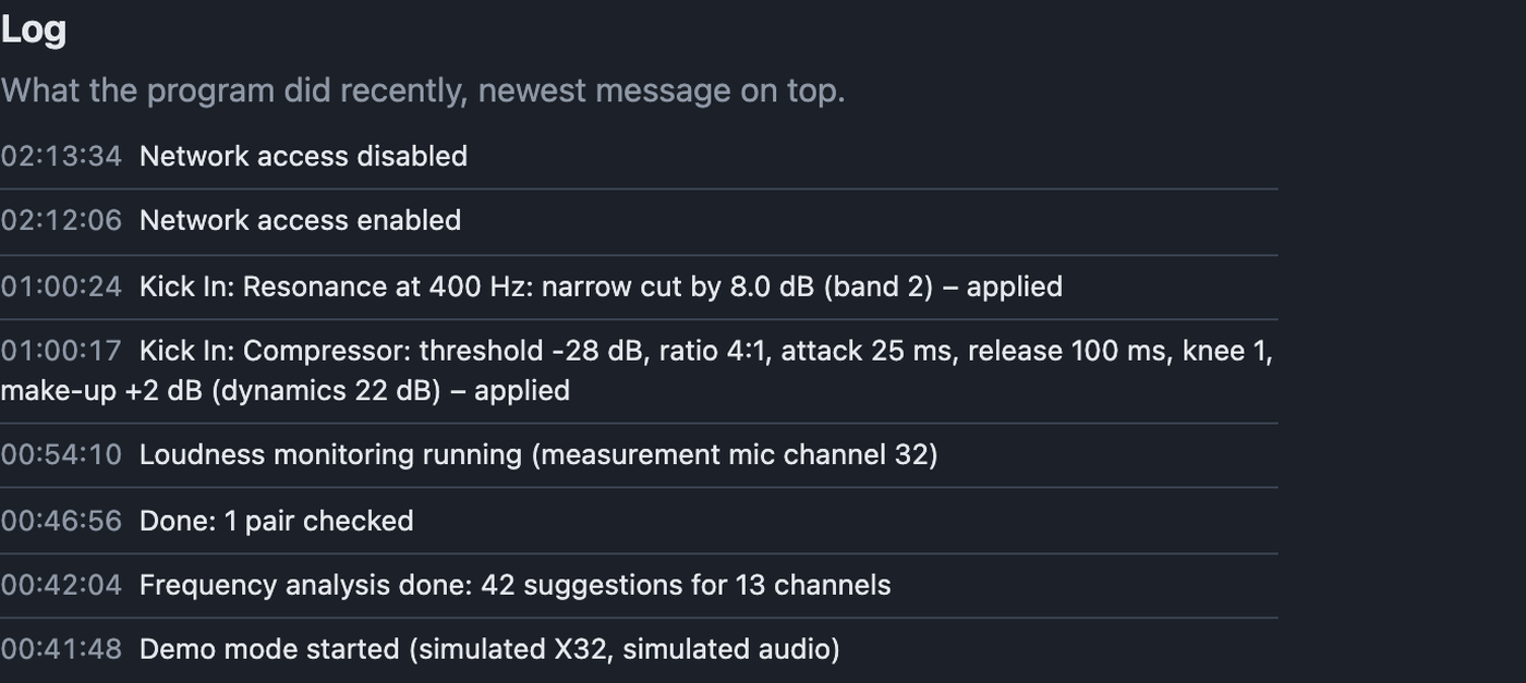 Log settings with the latest messages