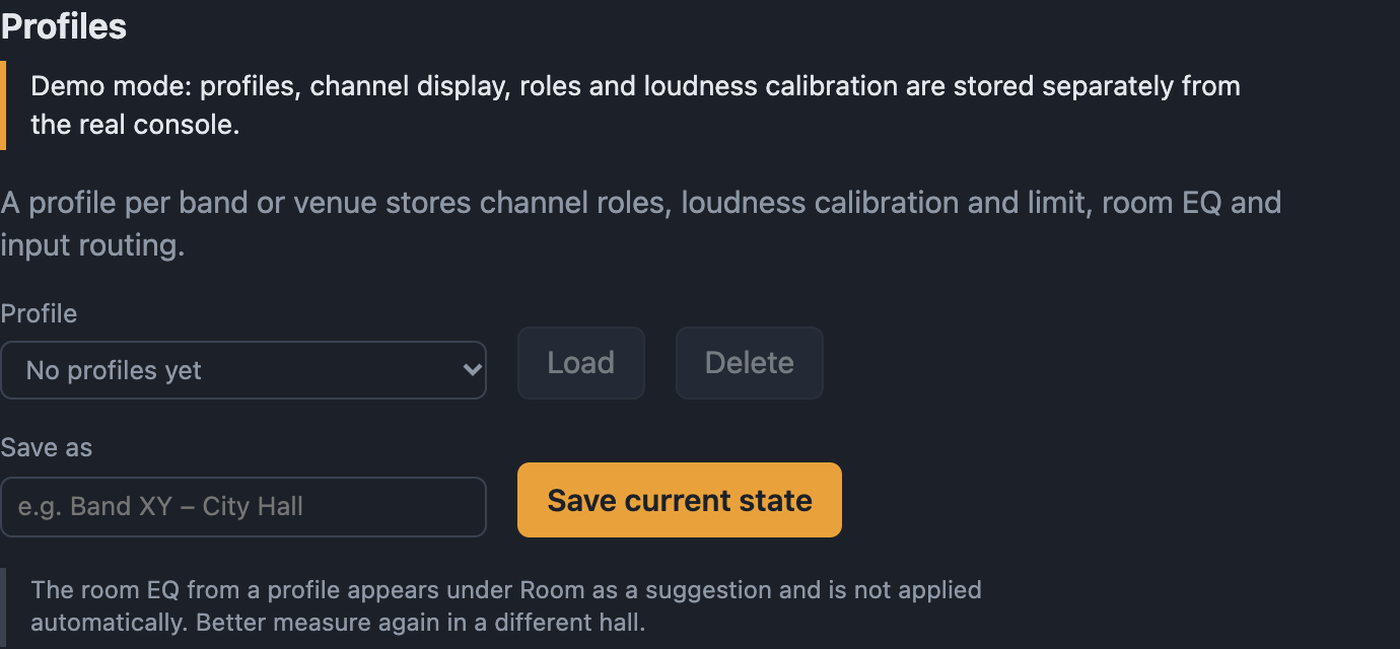 Profiles settings with selection, Load, Delete and Save as