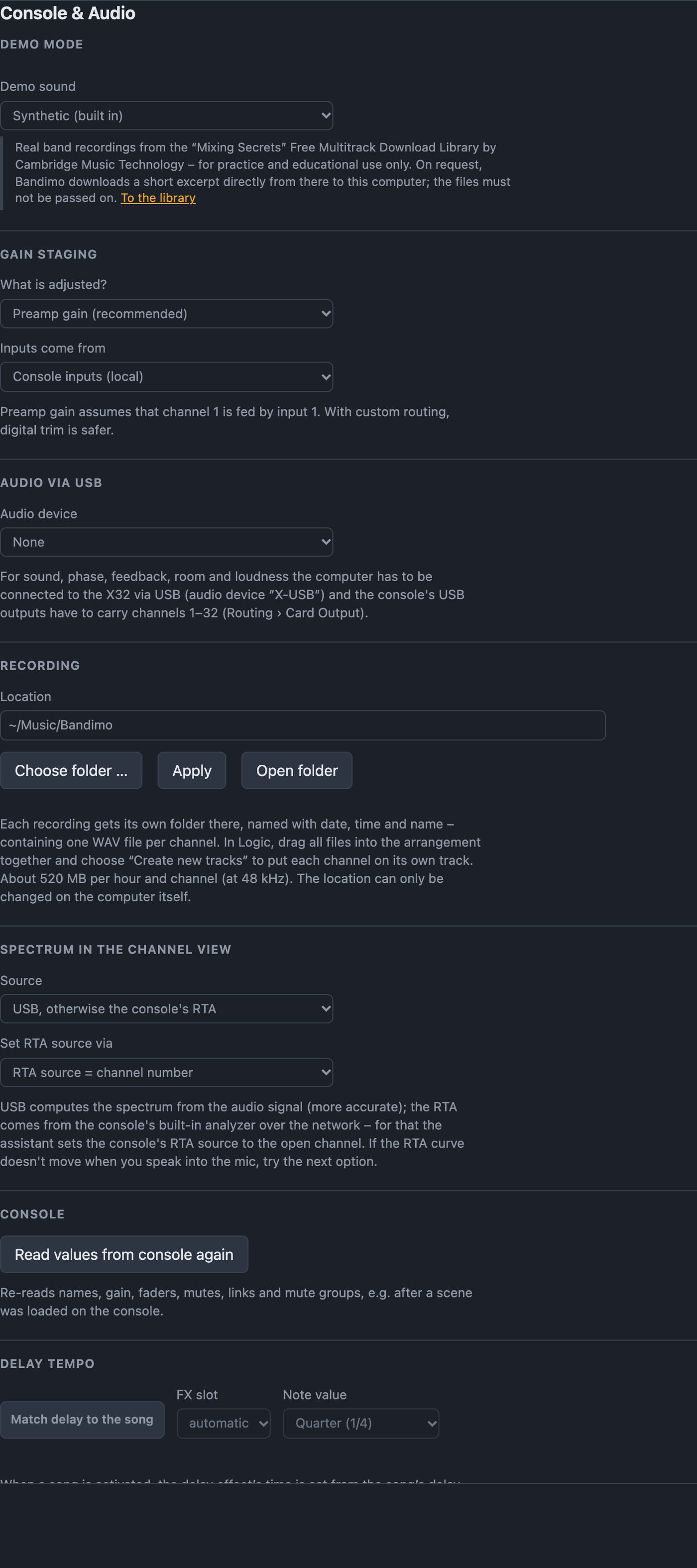 Console and Audio settings