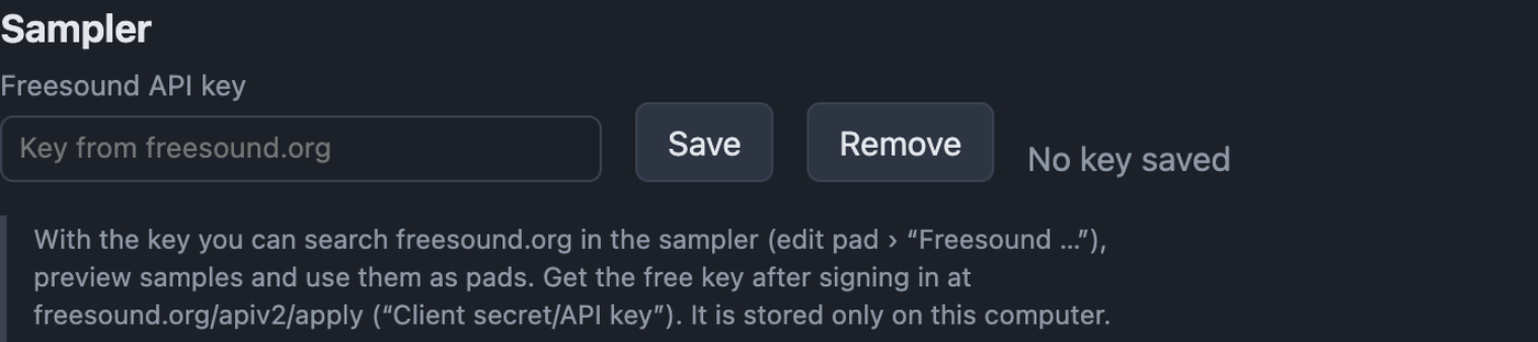 Sampler settings with Freesound API key