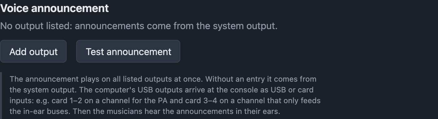 Voice announcement settings with outputs and test announcement