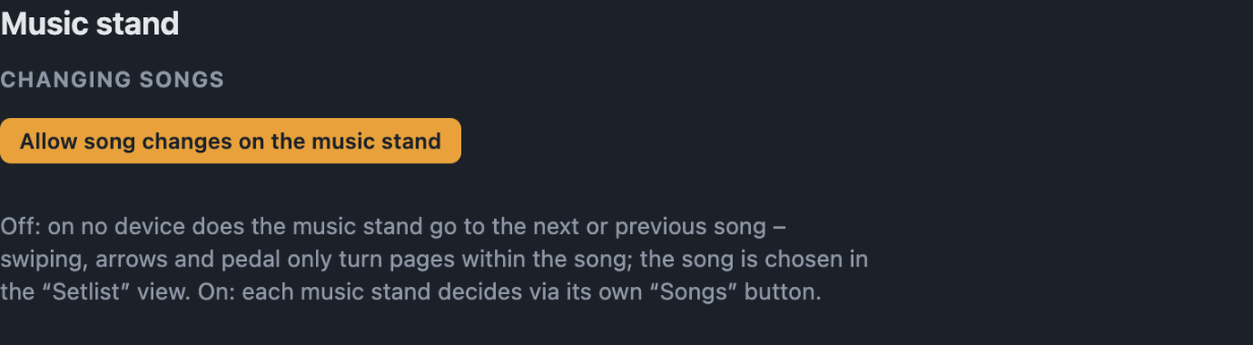 Music stand settings with Allow song changes on the music stand