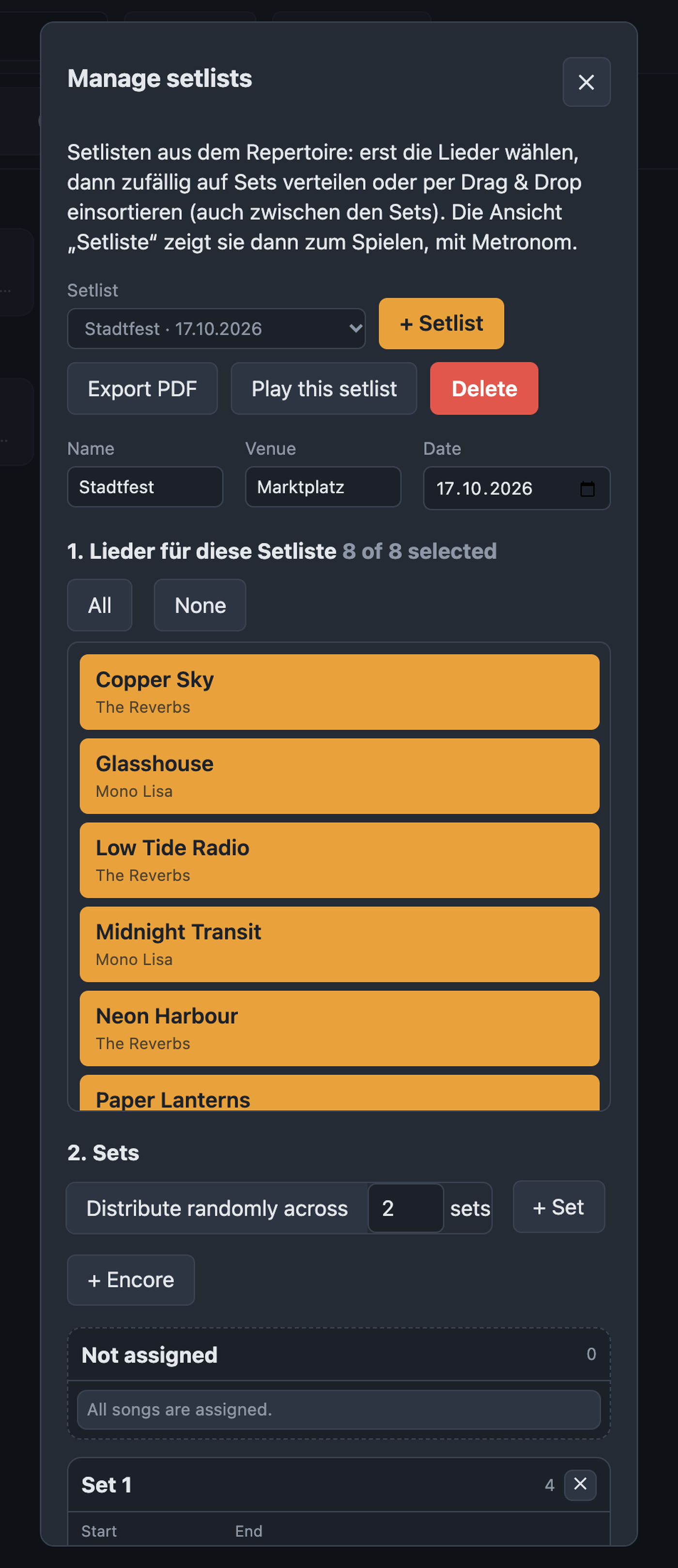 Managing setlists with song selection, sets and metronome output