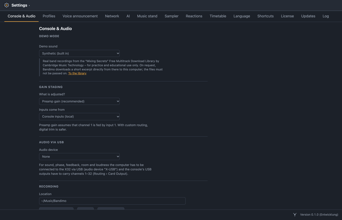 Settings view with the bar of sections