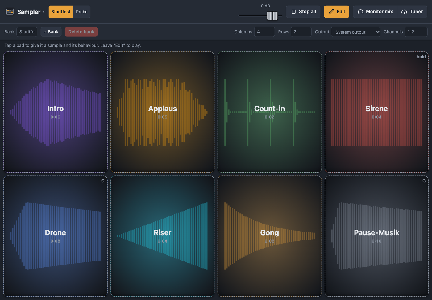 Sampler in edit mode with bank, grid and output