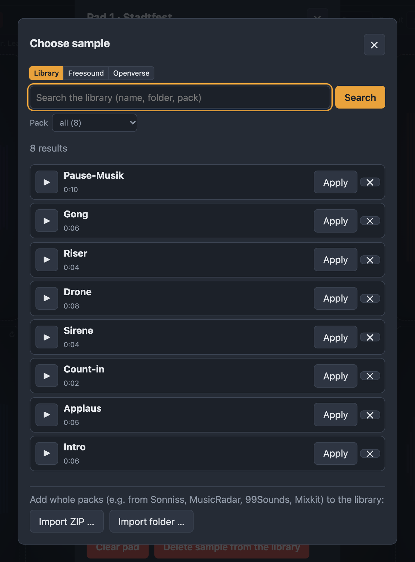Choose sample dialog with library, search, pack filter and import