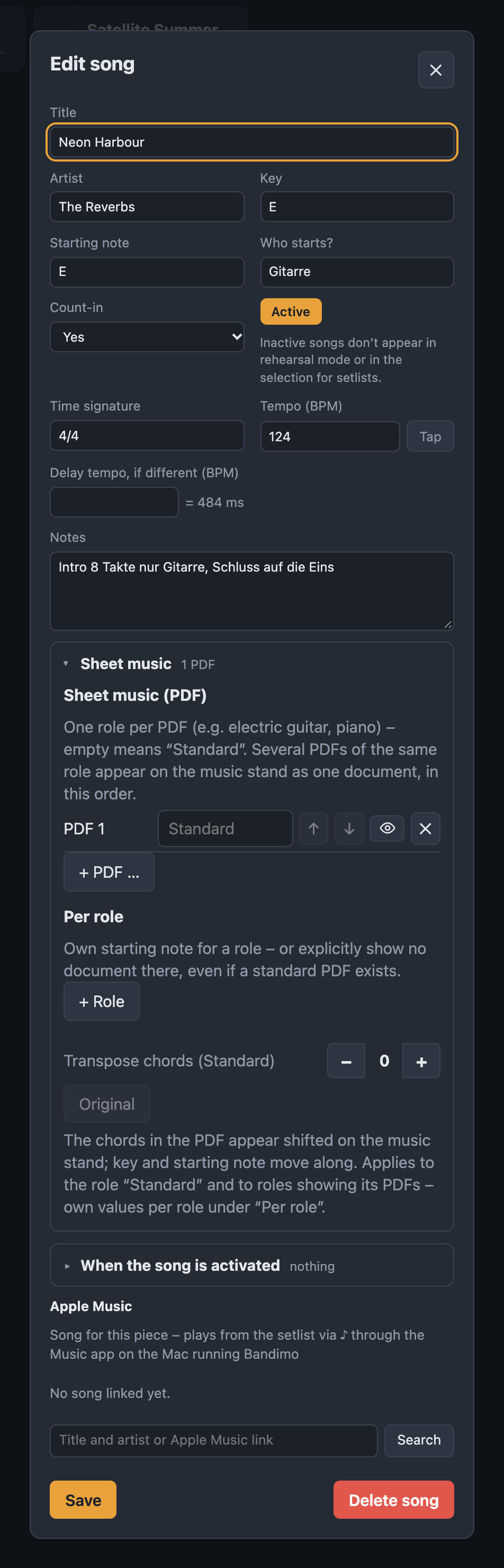 Edit song dialog with title, artist, key, tempo and sheet music section