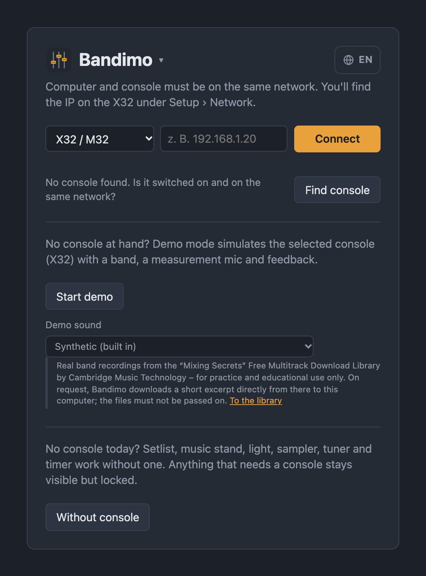 Bandimo start page with console selection, IP field, console search and demo mode