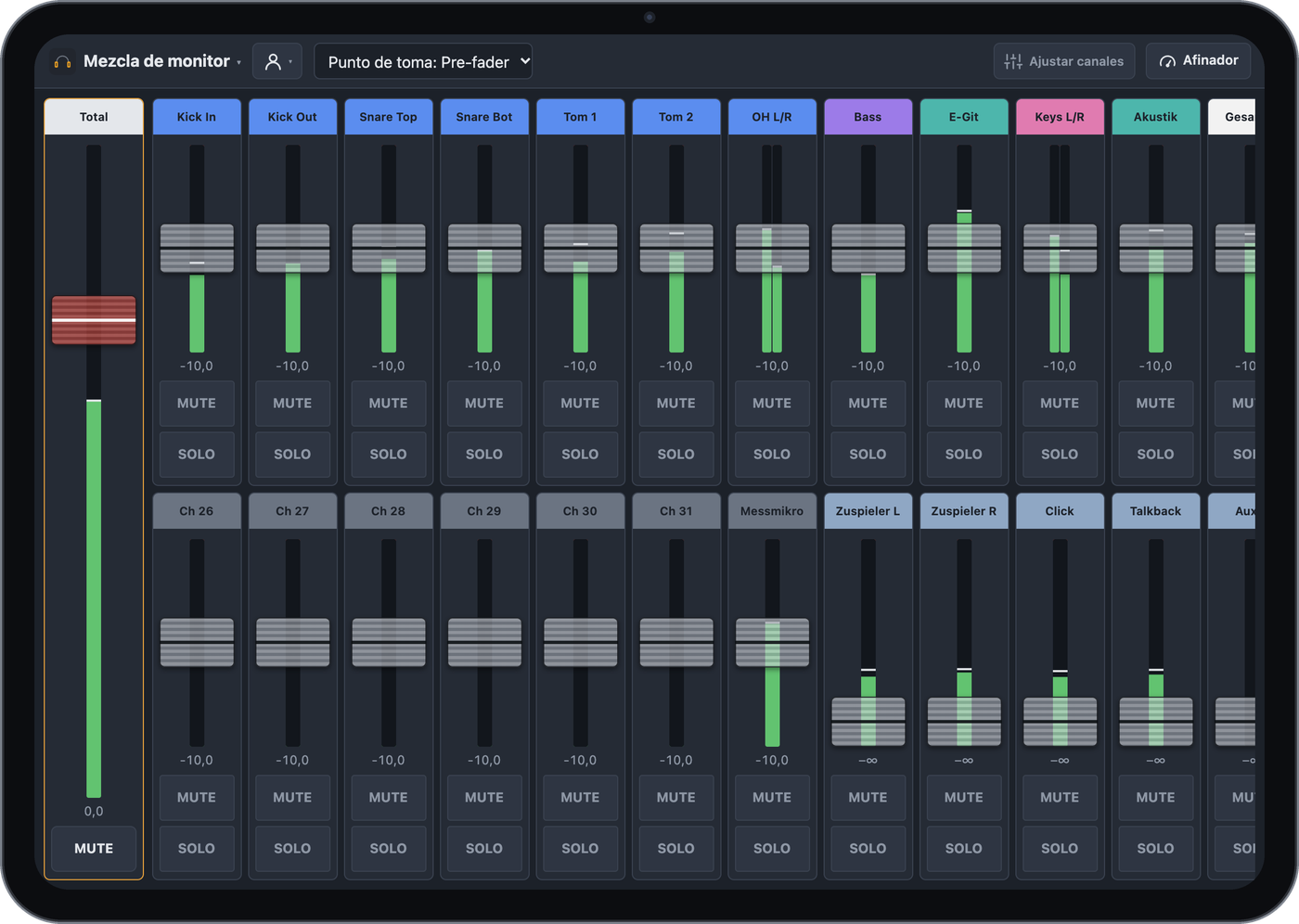 Mezcla de monitor en un iPad: volumen total y faders grandes por canal con MUTE y SOLO