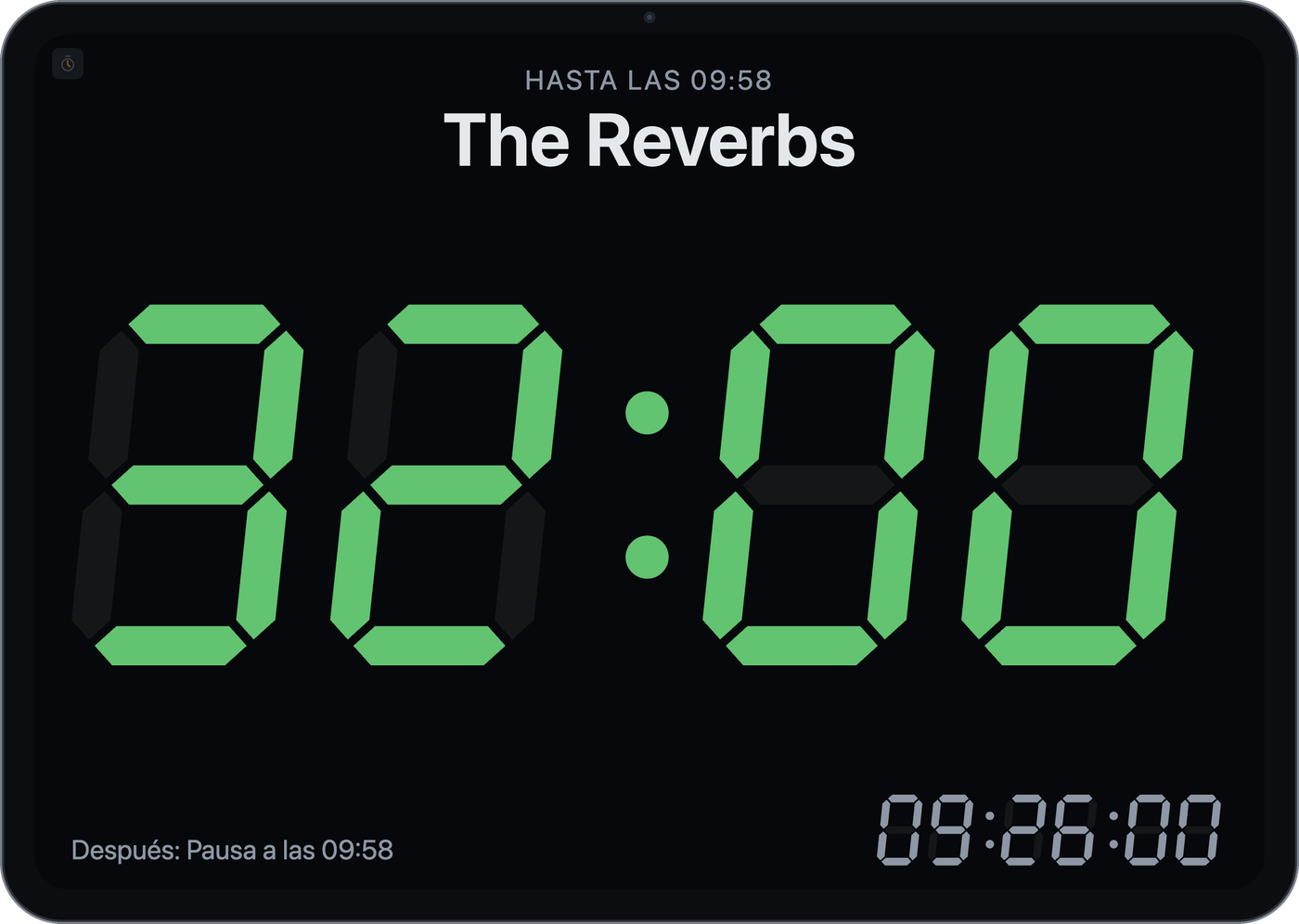 Ventana del temporizador con el tiempo restante en un display de 7 segmentos, la franja en curso y la siguiente, y la hora