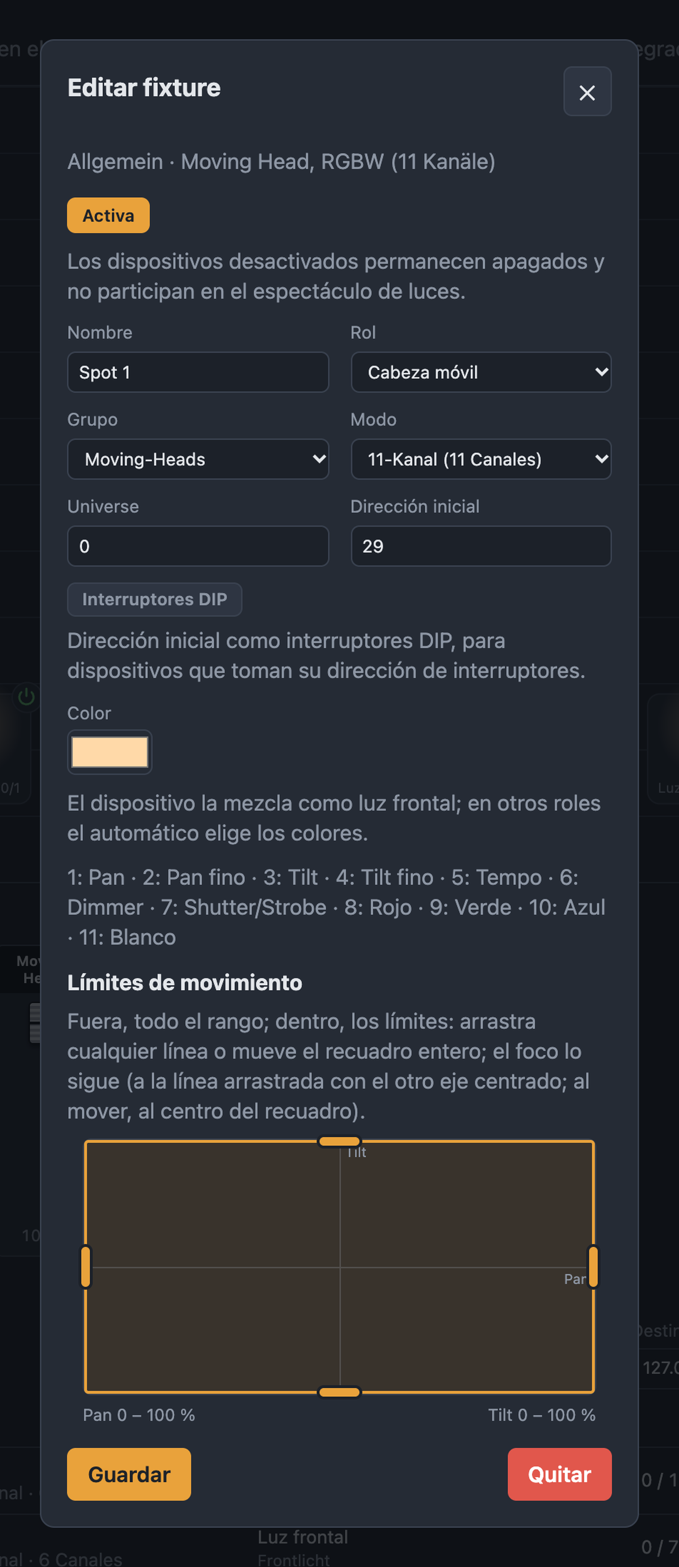 Formulario de una cabeza móvil con nombre, rol, grupo, modo, universo, dirección inicial, color y límites de movimiento