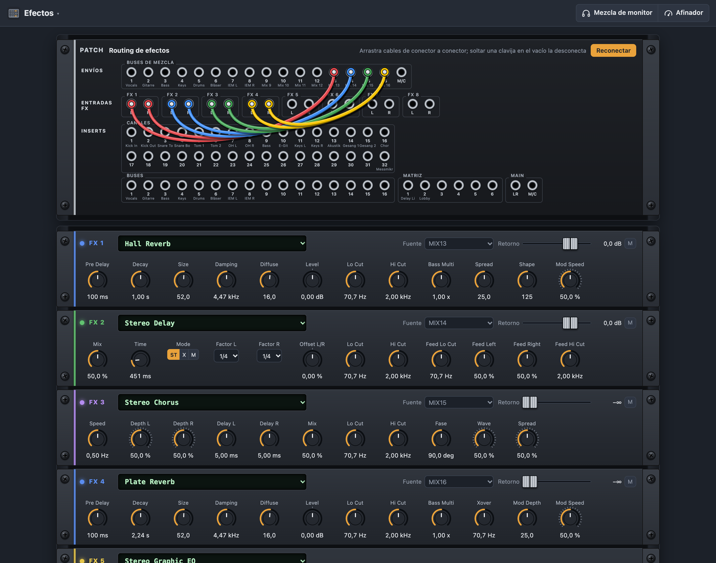 Patchbay desplegada con envíos, entradas de FX, puntos de insert y cables
