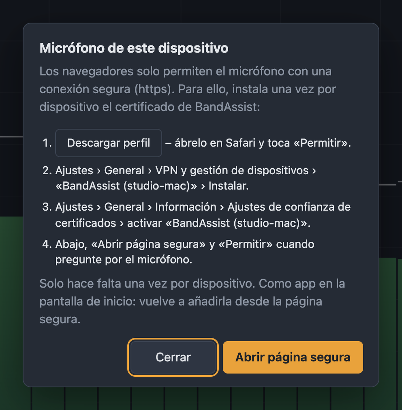 Diálogo Micrófono de este dispositivo con los pasos para instalar el certificado