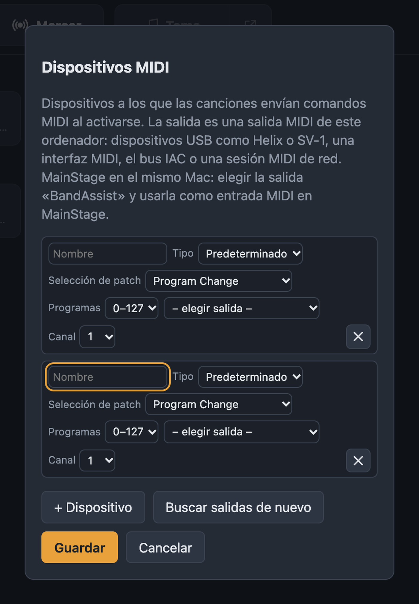Diálogo Dispositivos MIDI con nombre, tipo, selección de patch, salida y canal