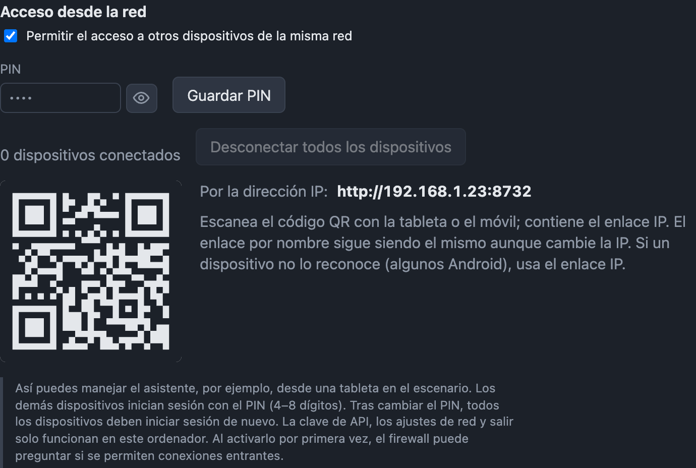 Ajustes de red con acceso, PIN, enlaces y código QR