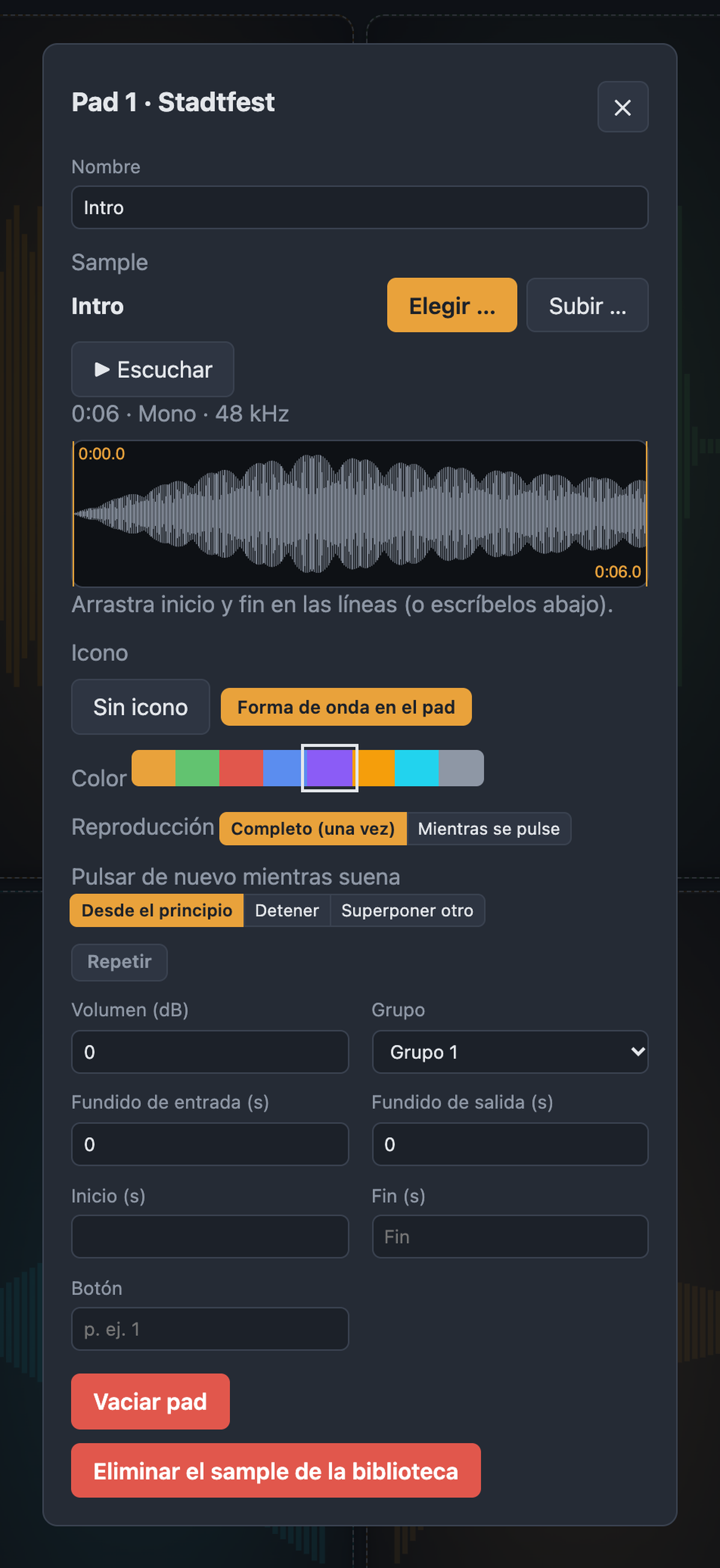 Diálogo del pad con sample, forma de onda, reproducción, repetir, volumen, grupo y tecla