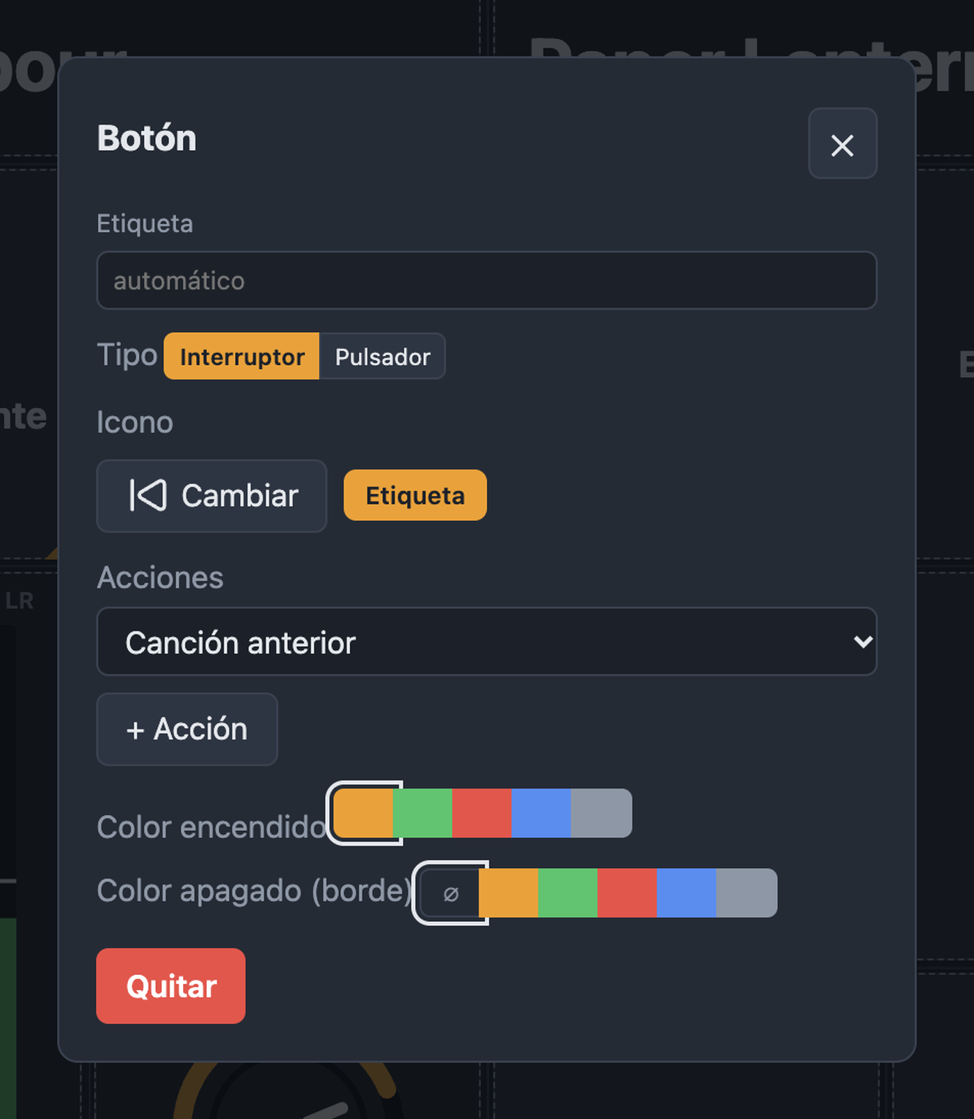 Diálogo de un elemento con etiqueta, tipo, icono, acciones y colores