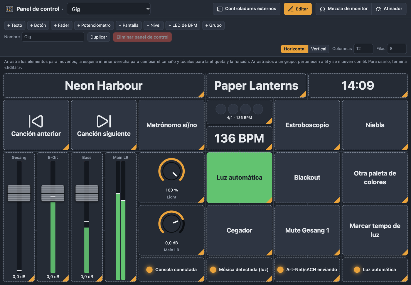 Panel de control en modo de edición con la barra para añadir elementos