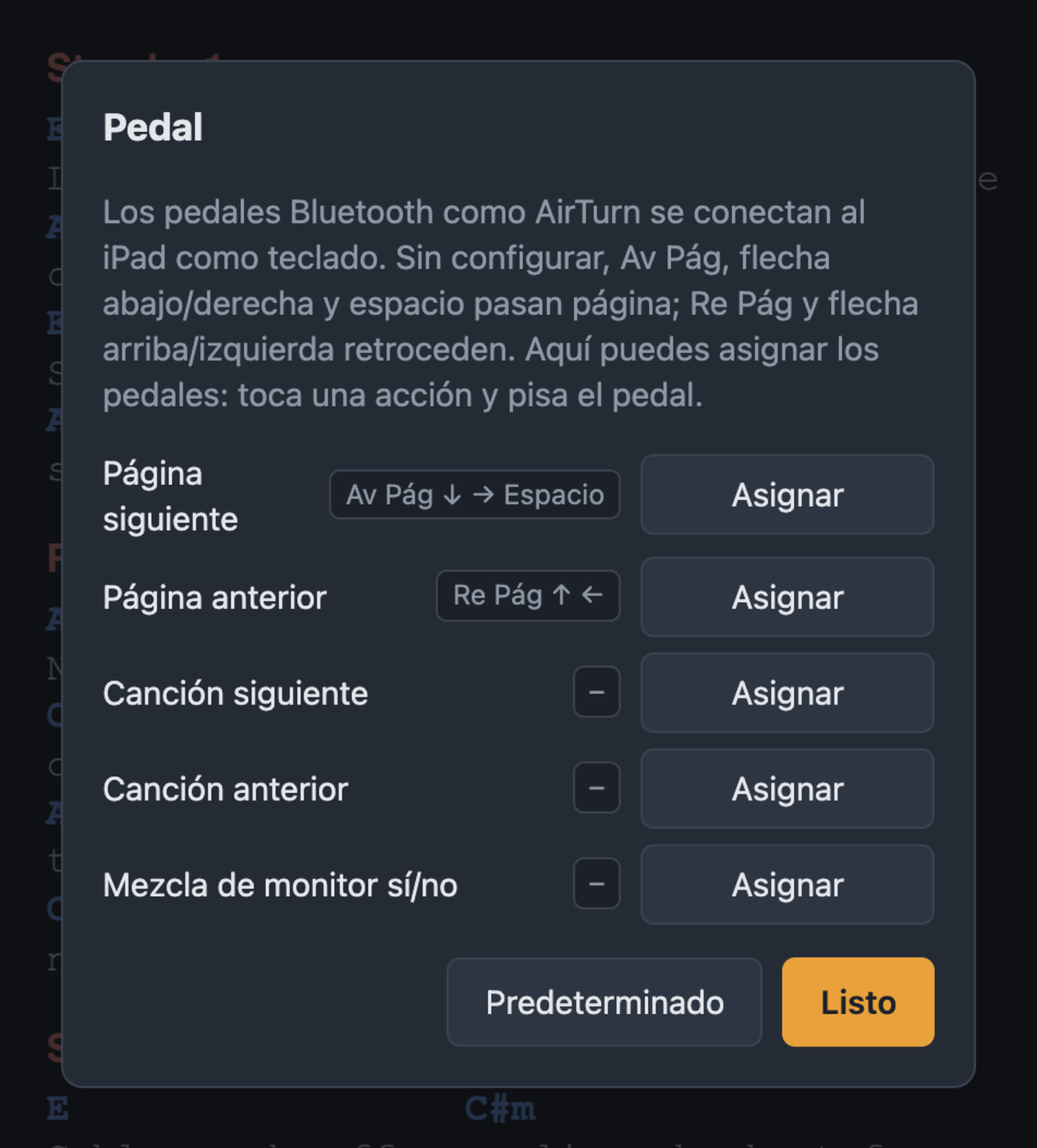 Diálogo Pedal con asignaciones para página, canción y mezcla de monitor