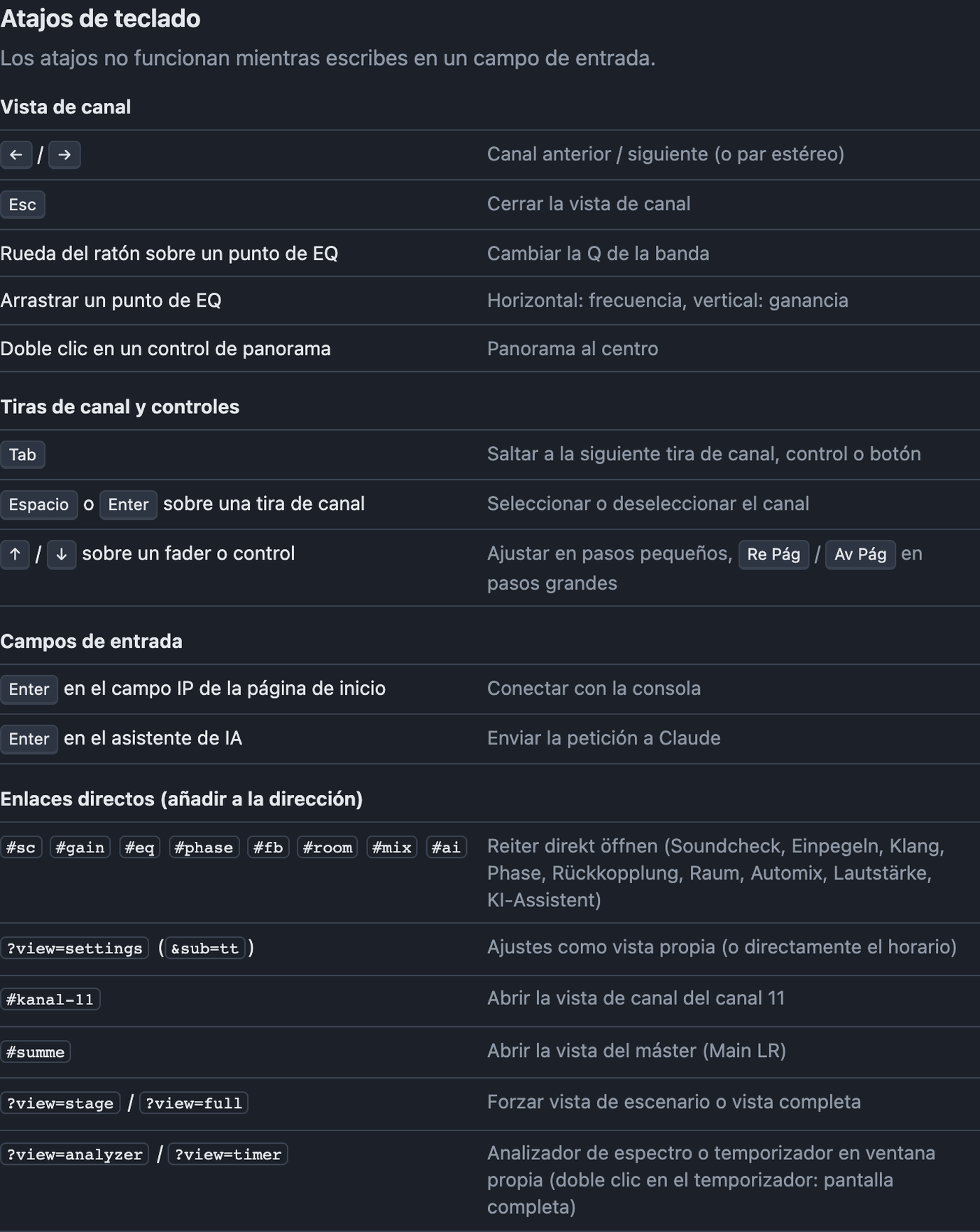 Ajustes Atajos de teclado con tabla de atajos y enlaces directos