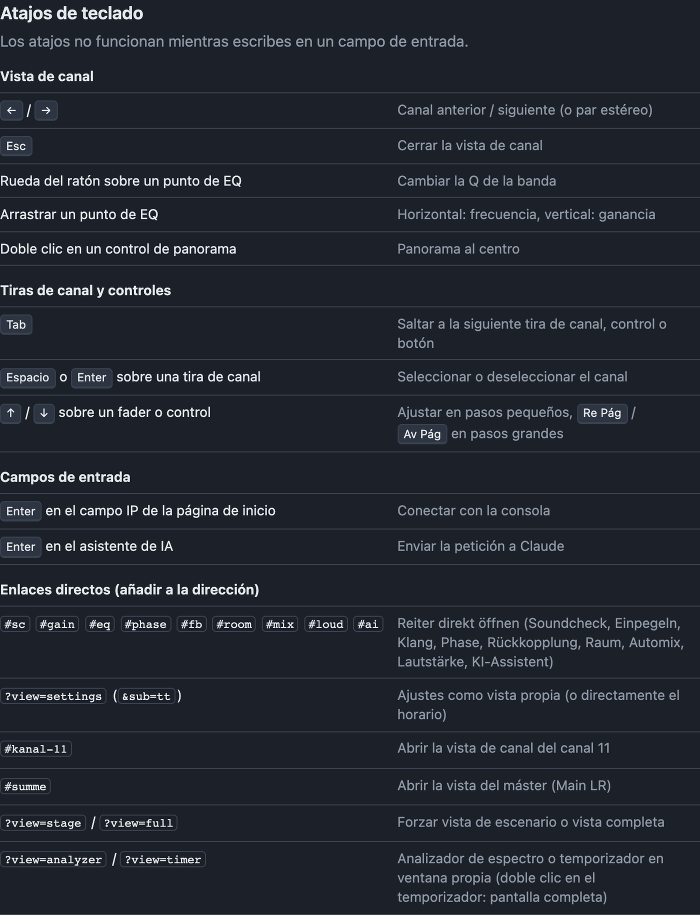 Ajustes Atajos de teclado con tabla de atajos y enlaces directos