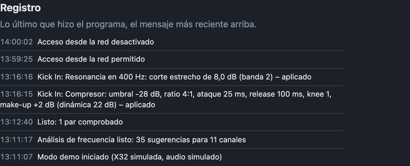 Ajustes Registro con los últimos mensajes