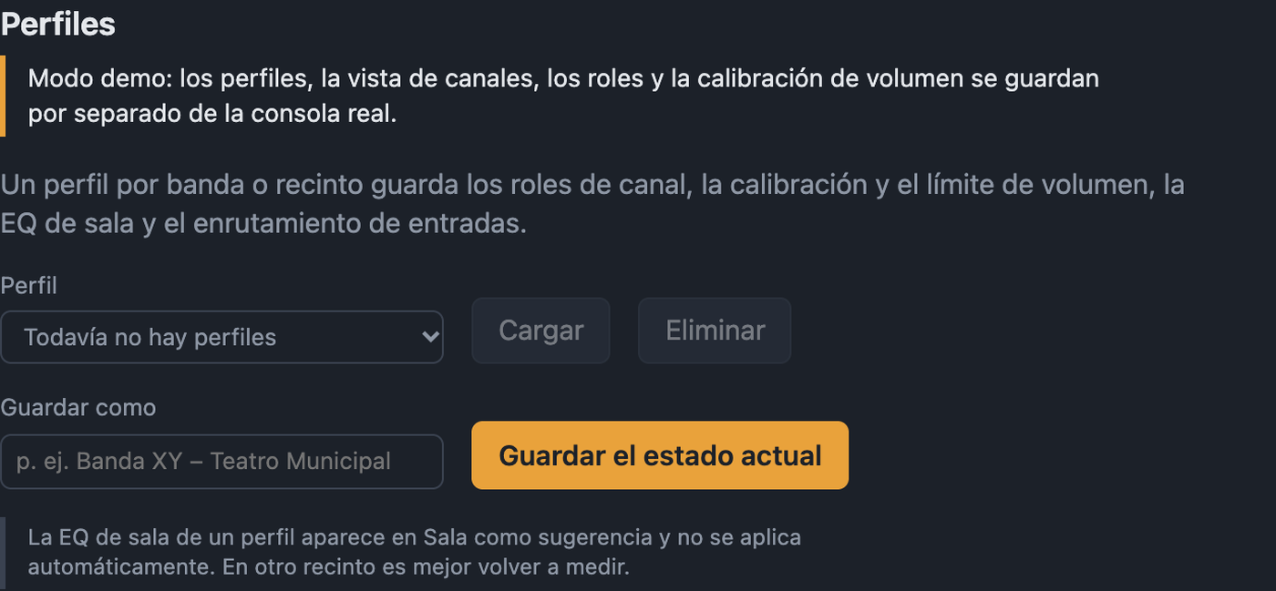 Ajustes Perfiles con selección, Cargar, Eliminar y Guardar como