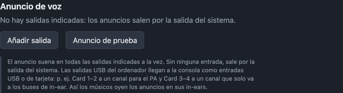 Ajustes Anuncio de voz con salidas y anuncio de prueba