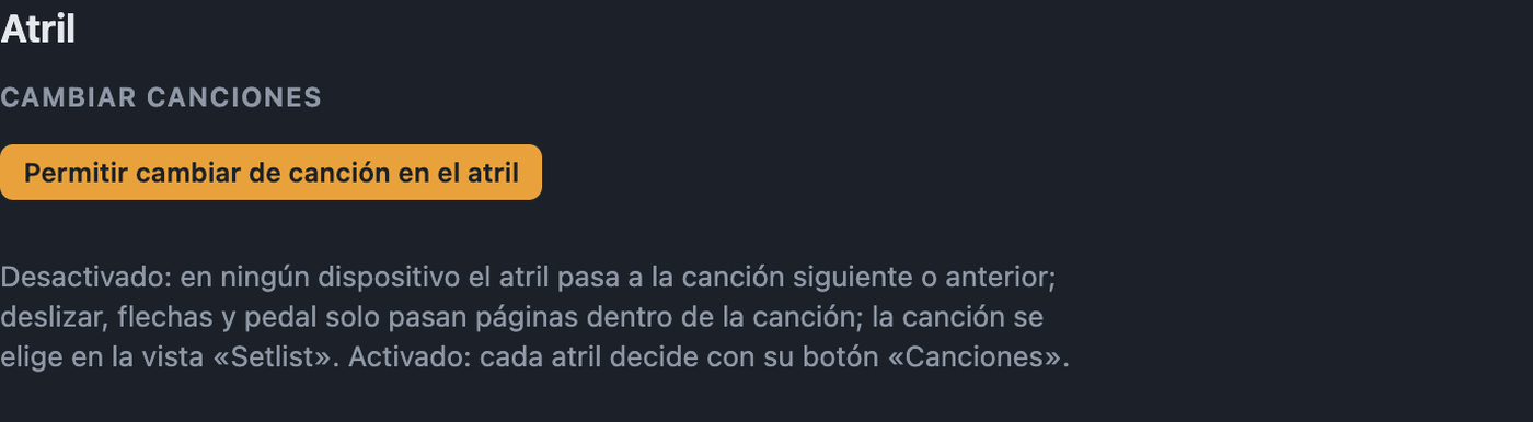 Ajustes Atril con Permitir cambiar de canción en el atril