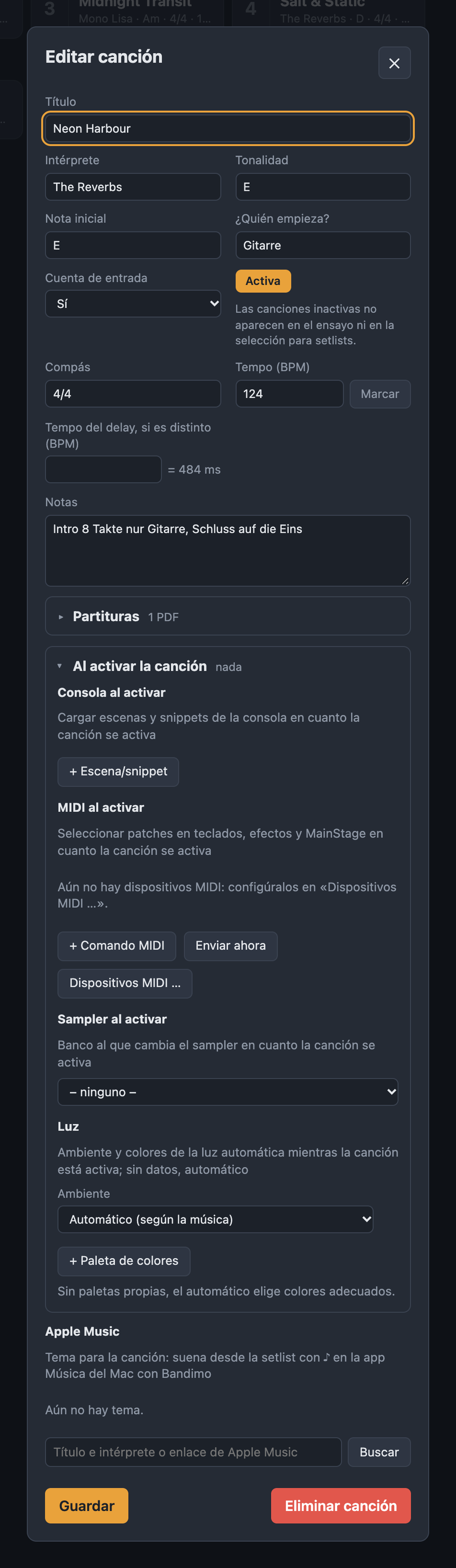 Sección Al activar la canción con consola, MIDI, sampler, luz y Apple Music