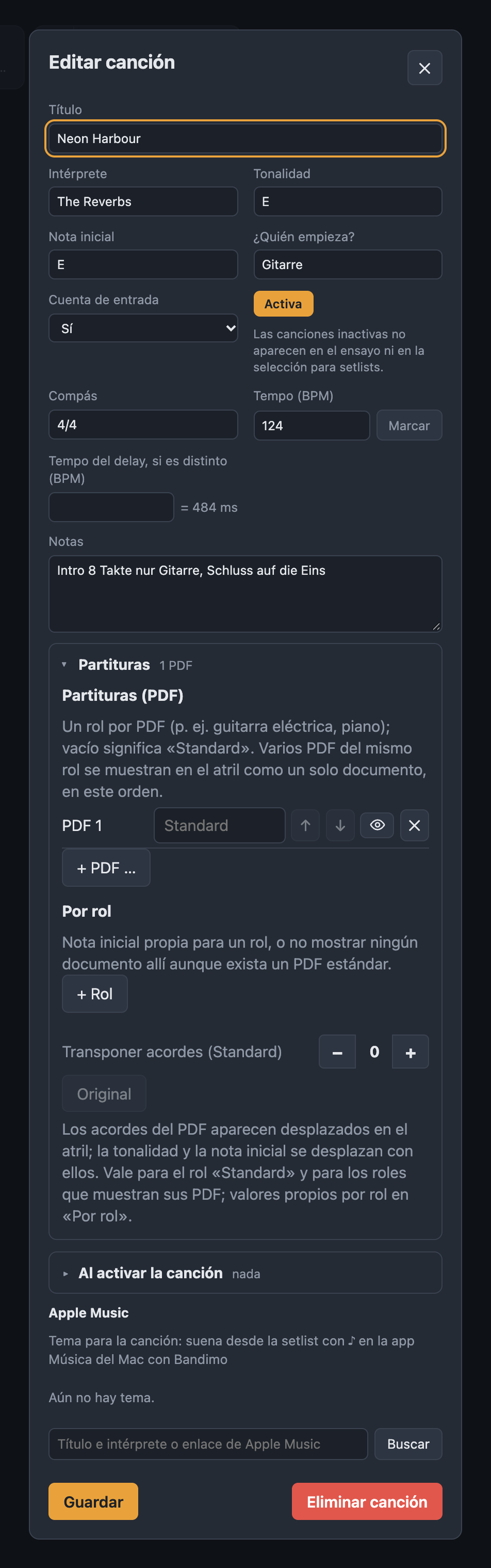 Diálogo Editar canción con título, intérprete, tonalidad, tempo y sección Partituras