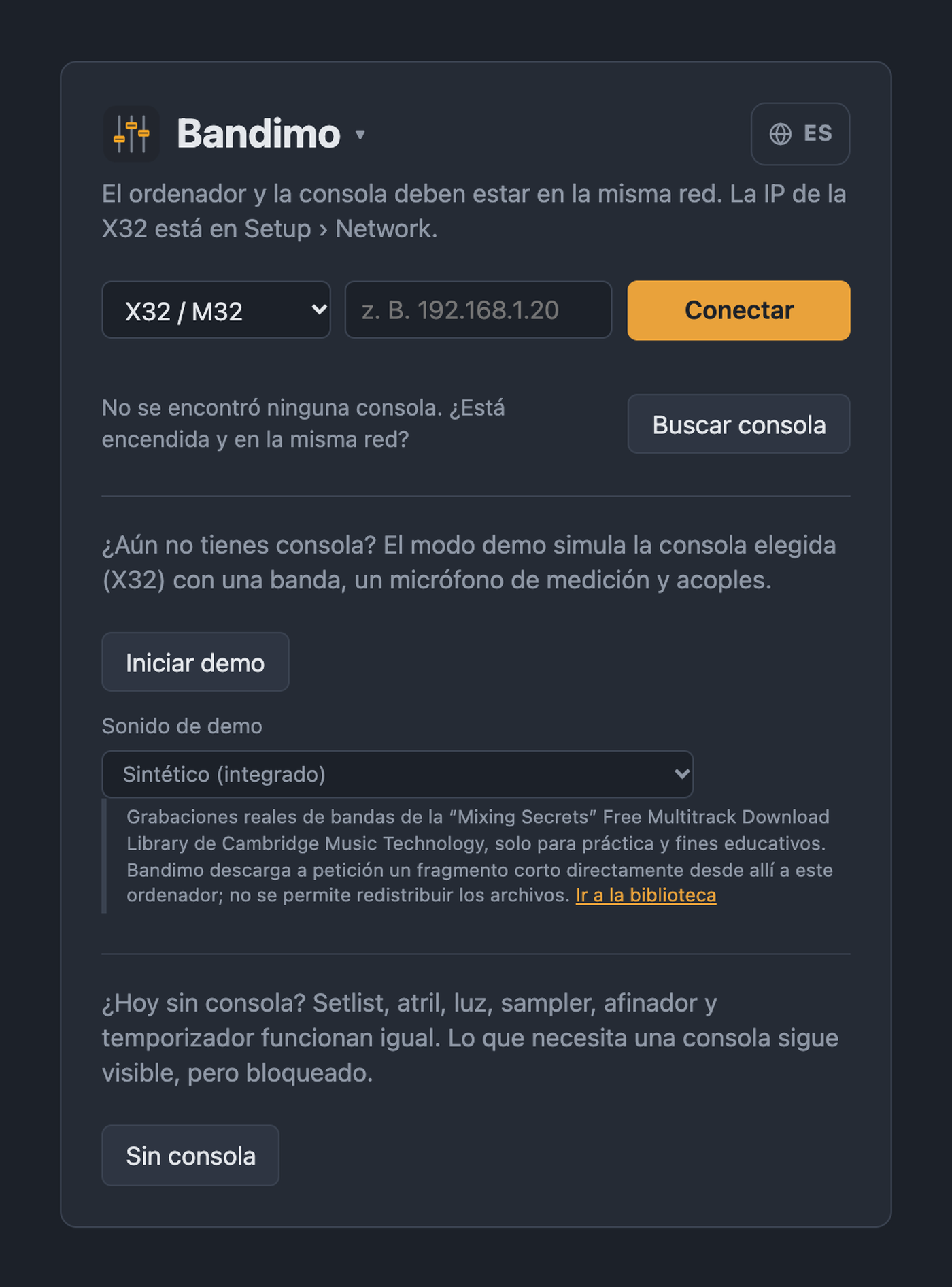 Página de inicio de Bandimo con selección de consola, campo de IP, búsqueda de consolas y modo demo