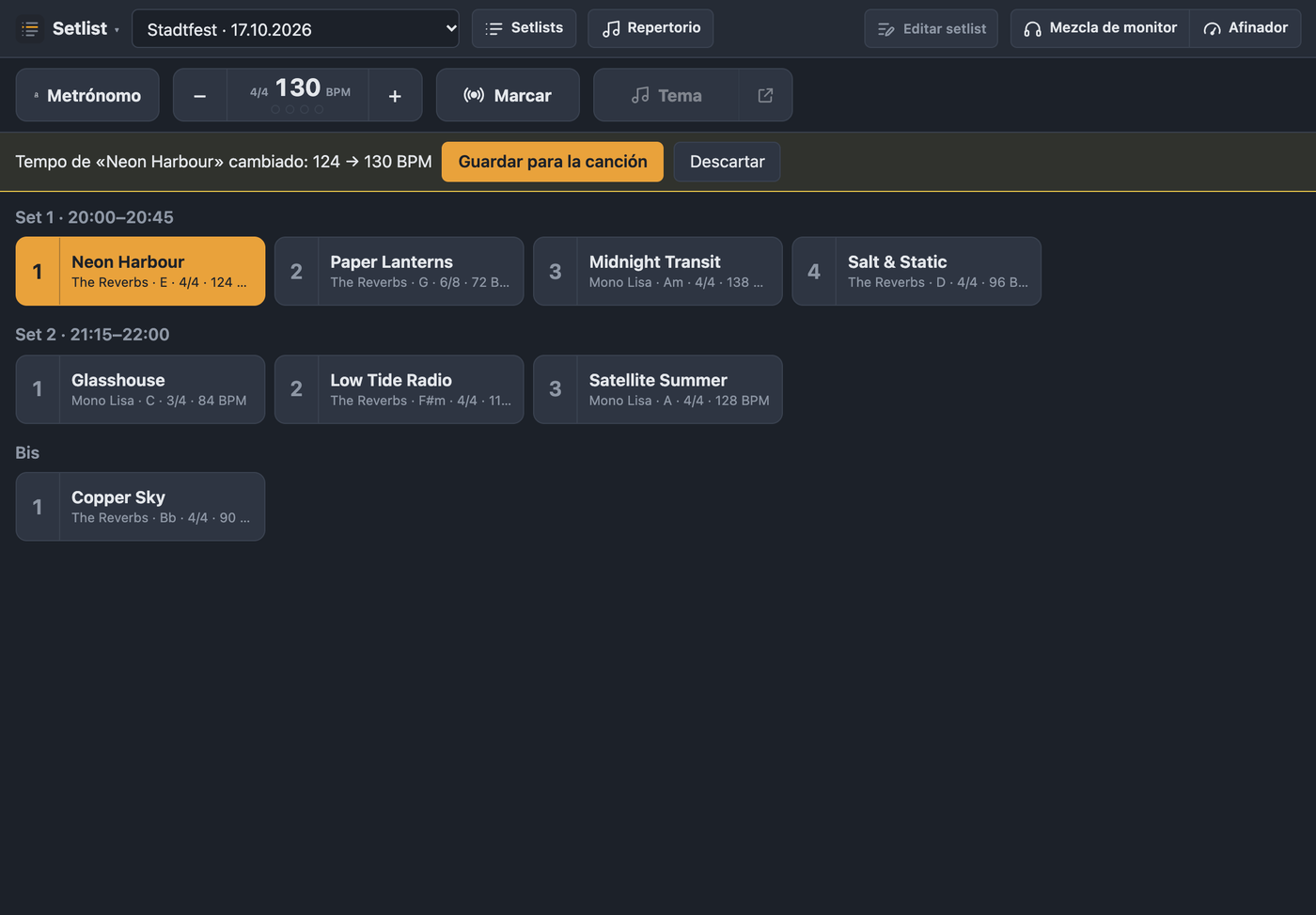 Aviso de tempo cambiado con Guardar para la canción y Descartar