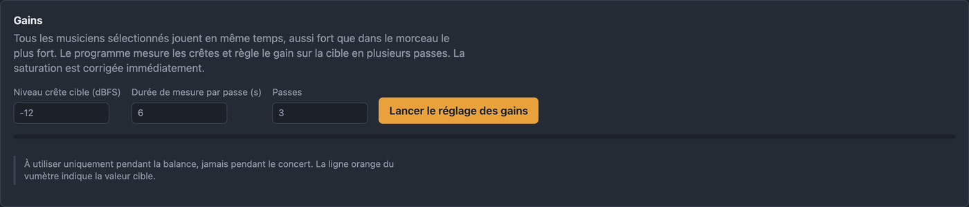 Onglet Gains avec niveau crête cible, durée de mesure et passes
