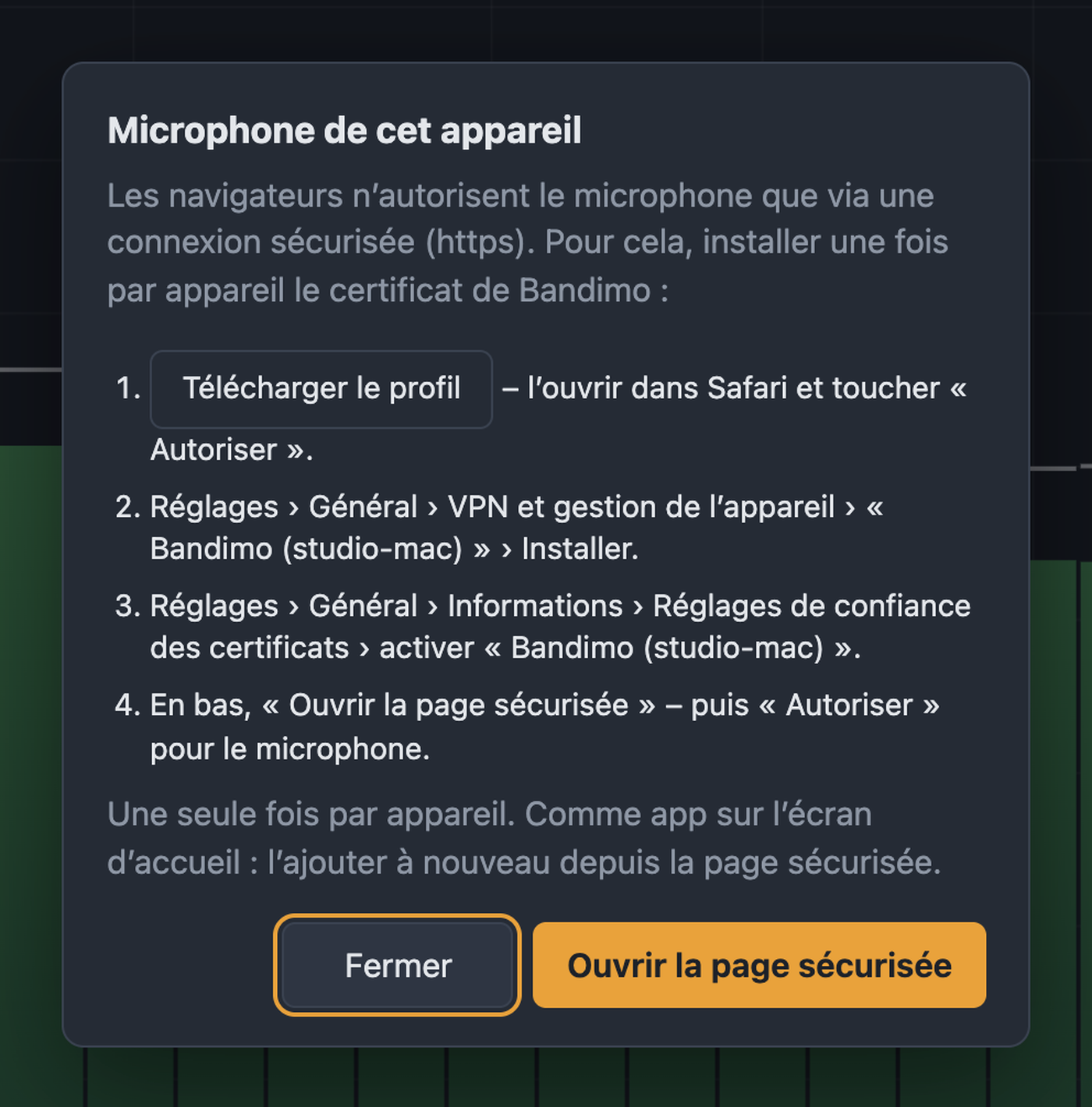 Dialogue Microphone de cet appareil avec les étapes d’installation du certificat