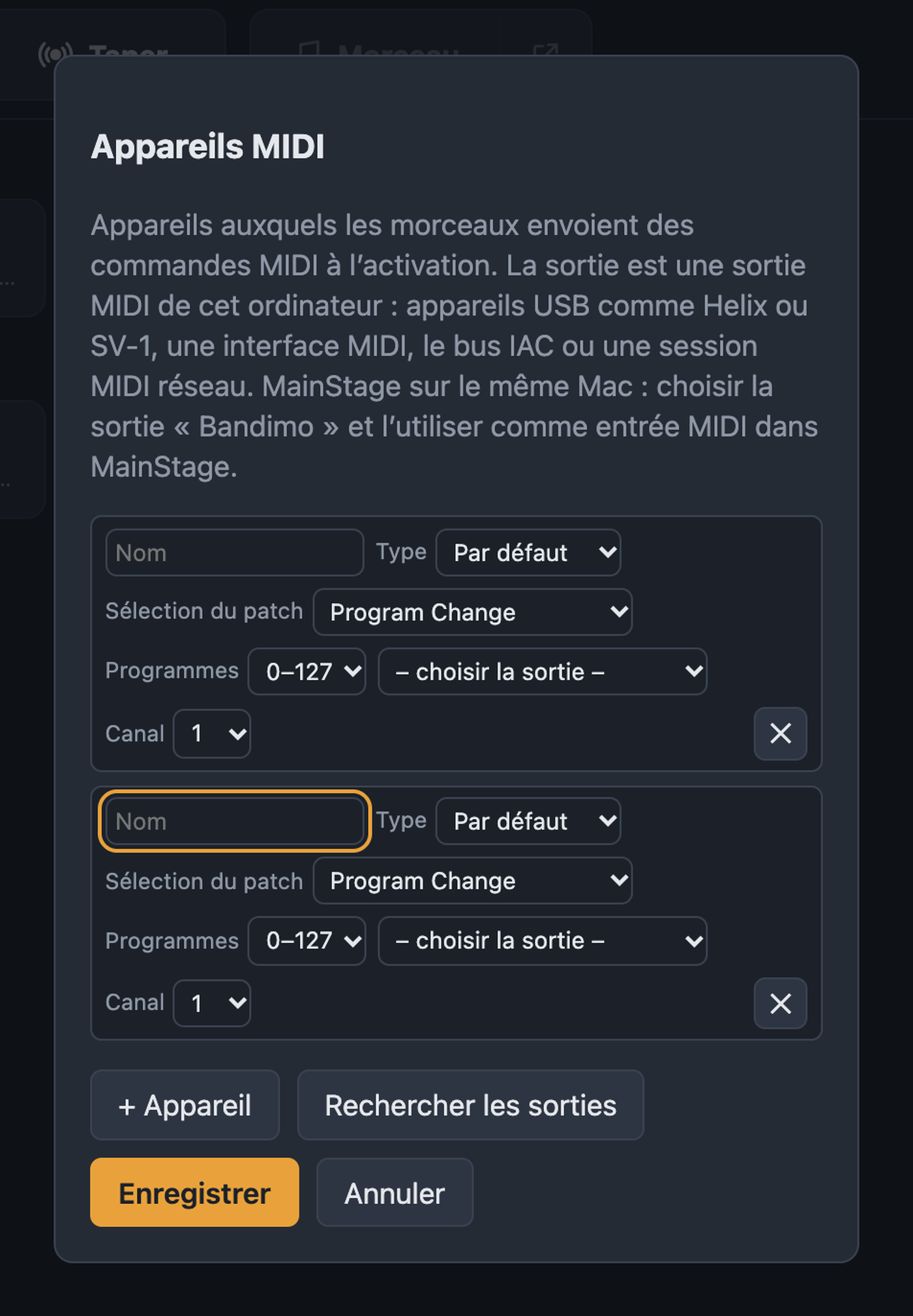 Dialogue Appareils MIDI avec nom, type, sélection du patch, sortie et canal