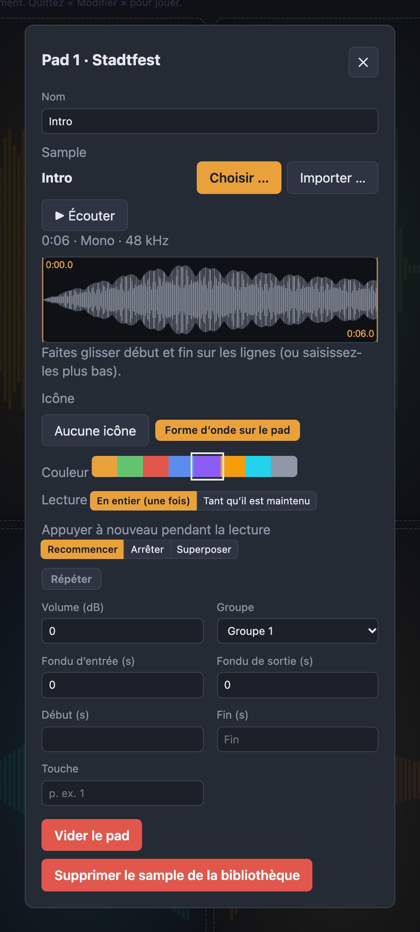 Dialogue du pad avec sample, forme d’onde, lecture, répétition, volume, groupe et touche