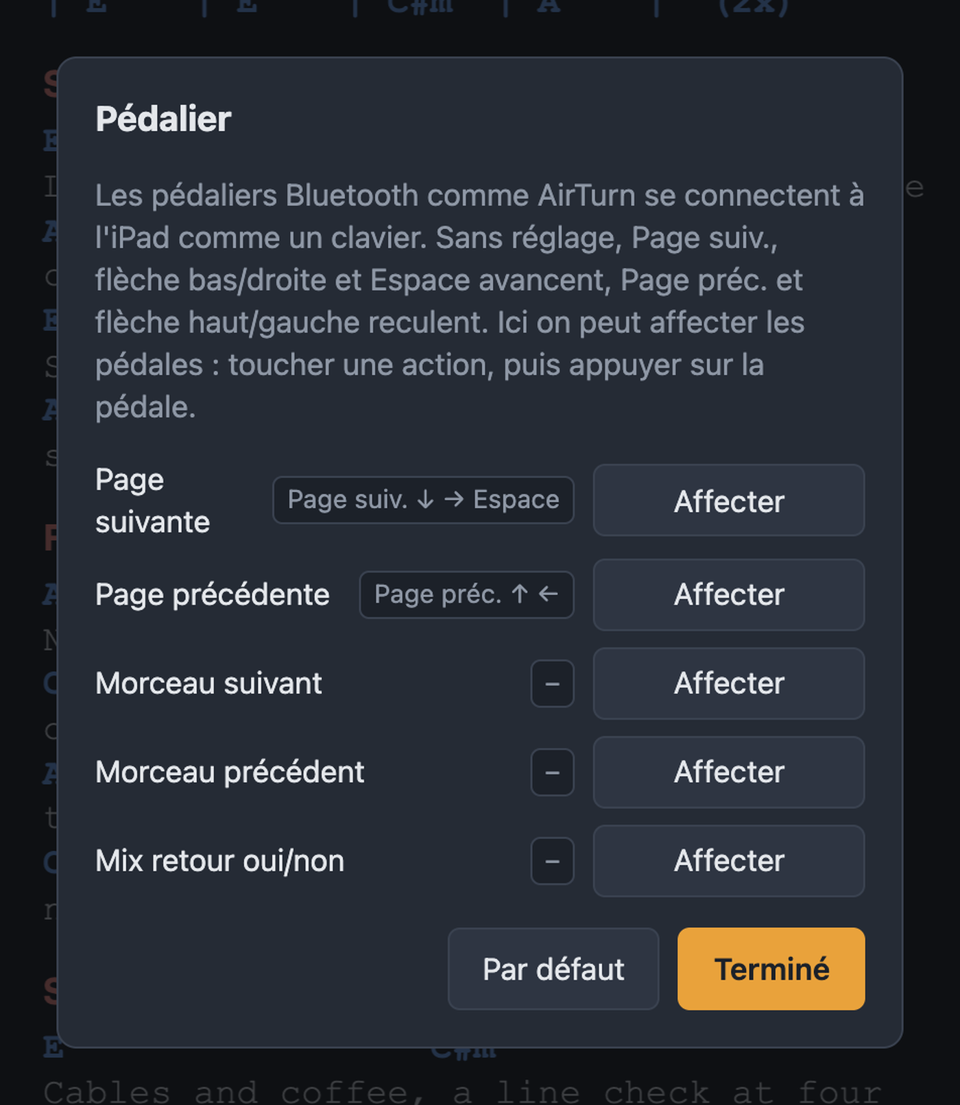 Dialogue Pédalier avec affectation pour page, morceau et mix retour