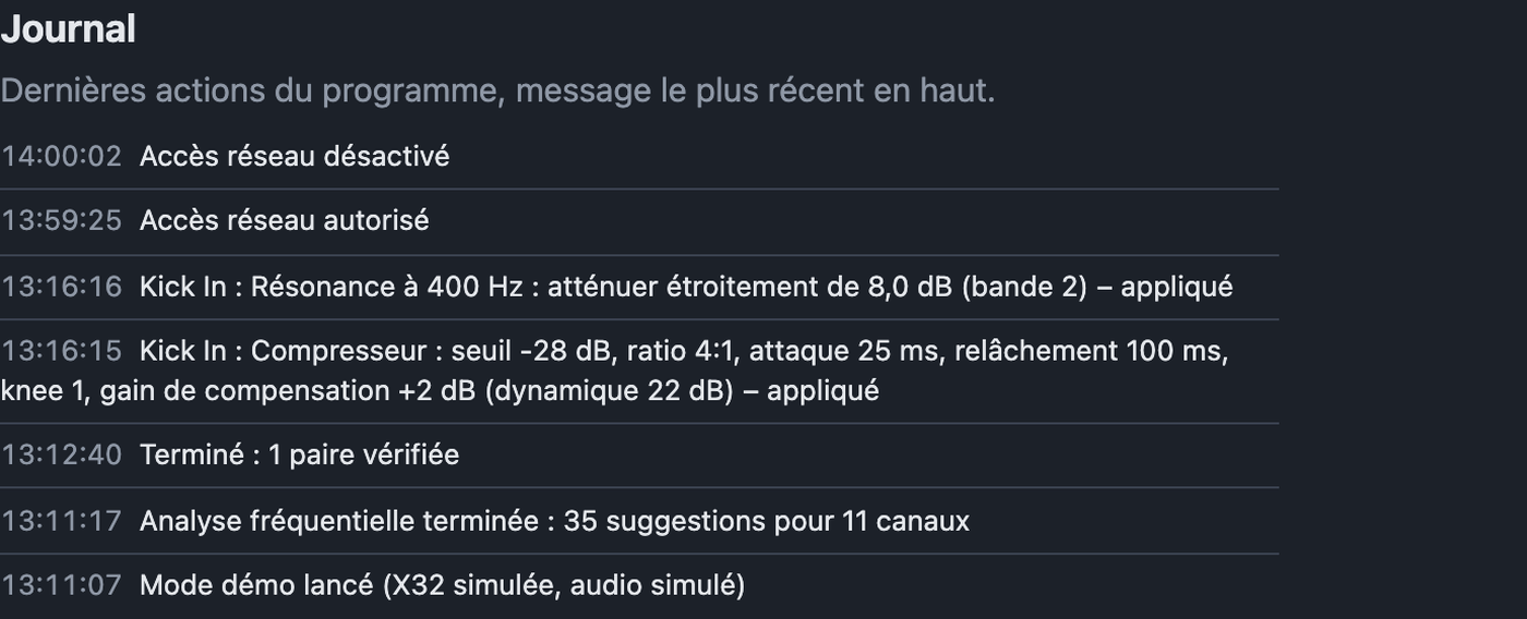 Réglages Journal avec les derniers messages