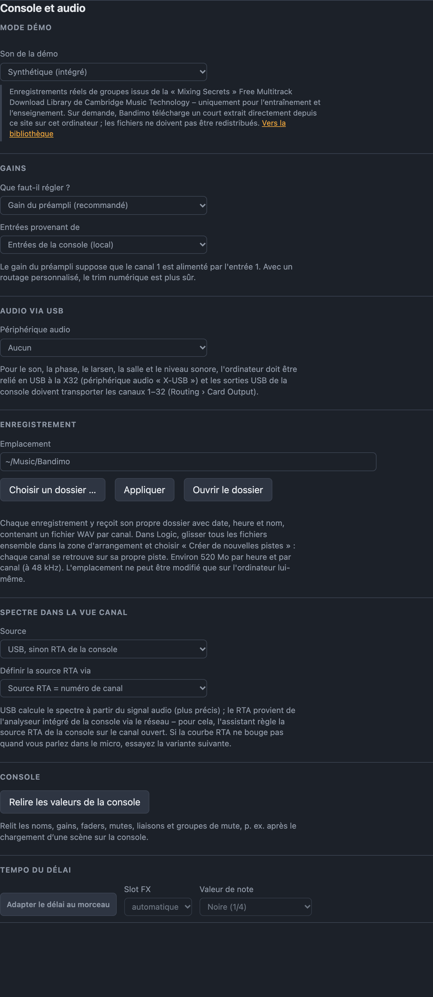 Réglages Console et audio