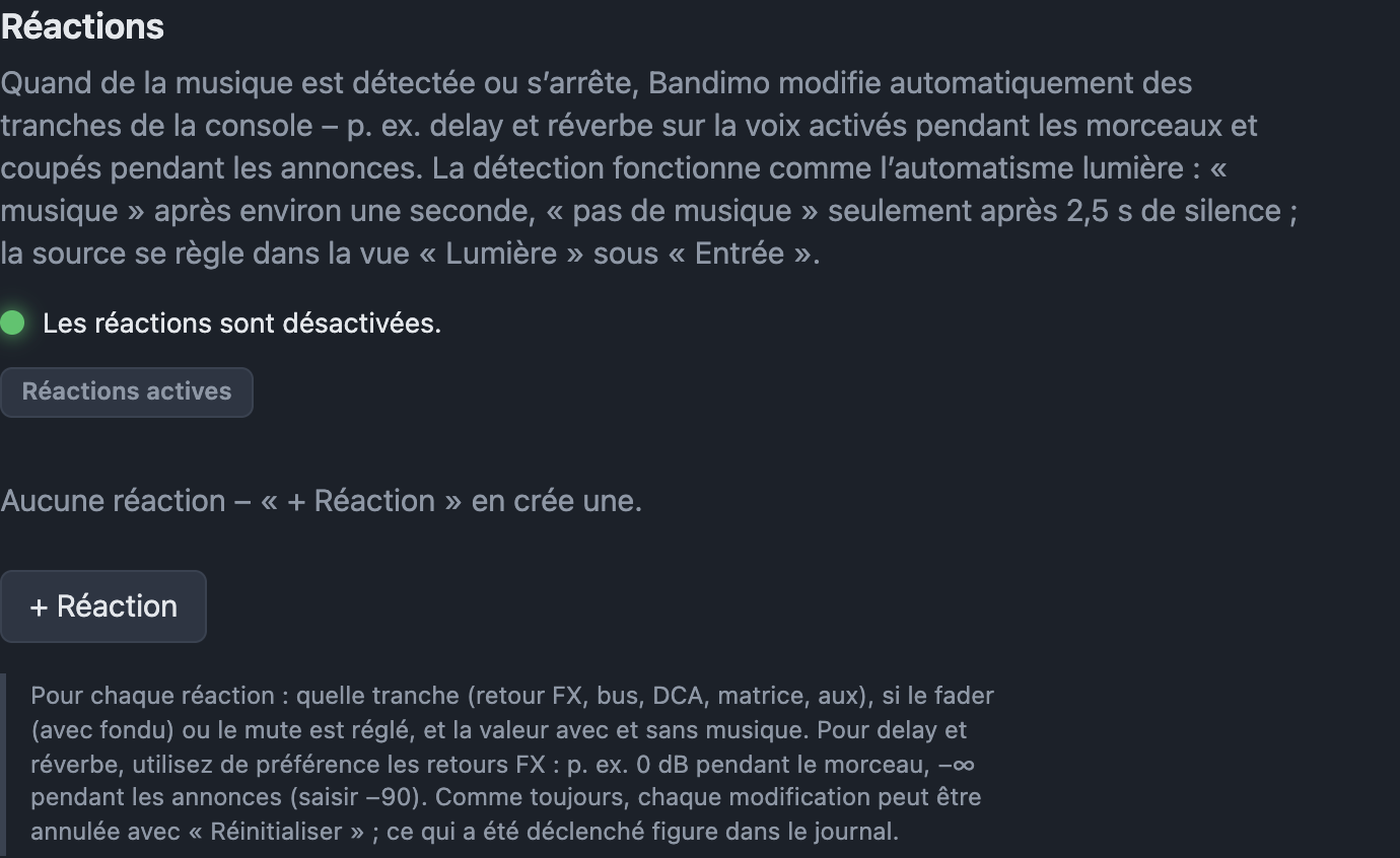 Réglages Réactions avec état et règles
