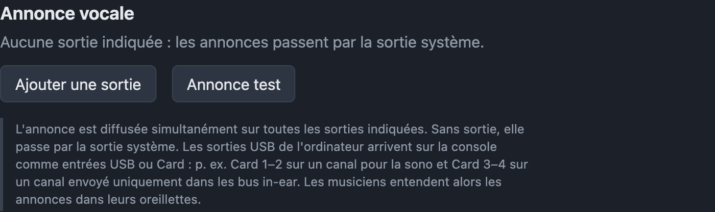 Réglages Annonce vocale avec sorties et annonce test