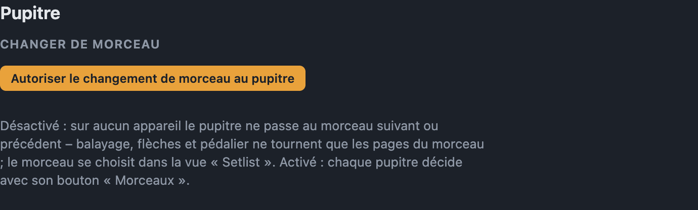 Réglages Pupitre avec Autoriser le changement de morceau au pupitre