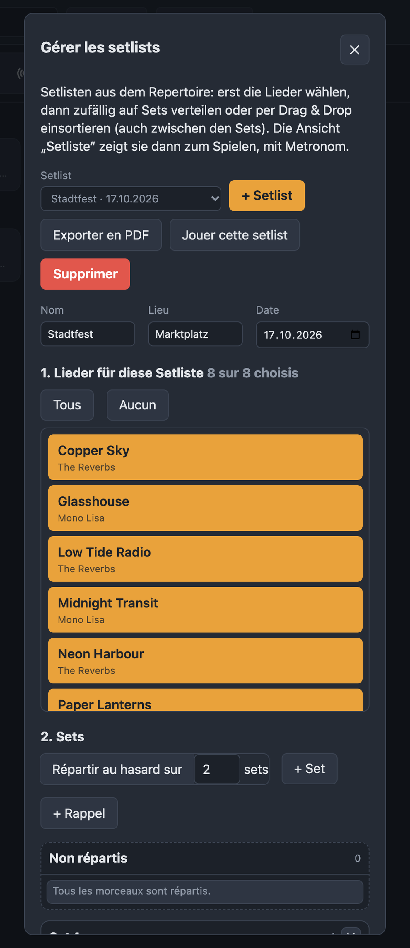 Gérer les setlists avec sélection des morceaux, sets et sortie du métronome
