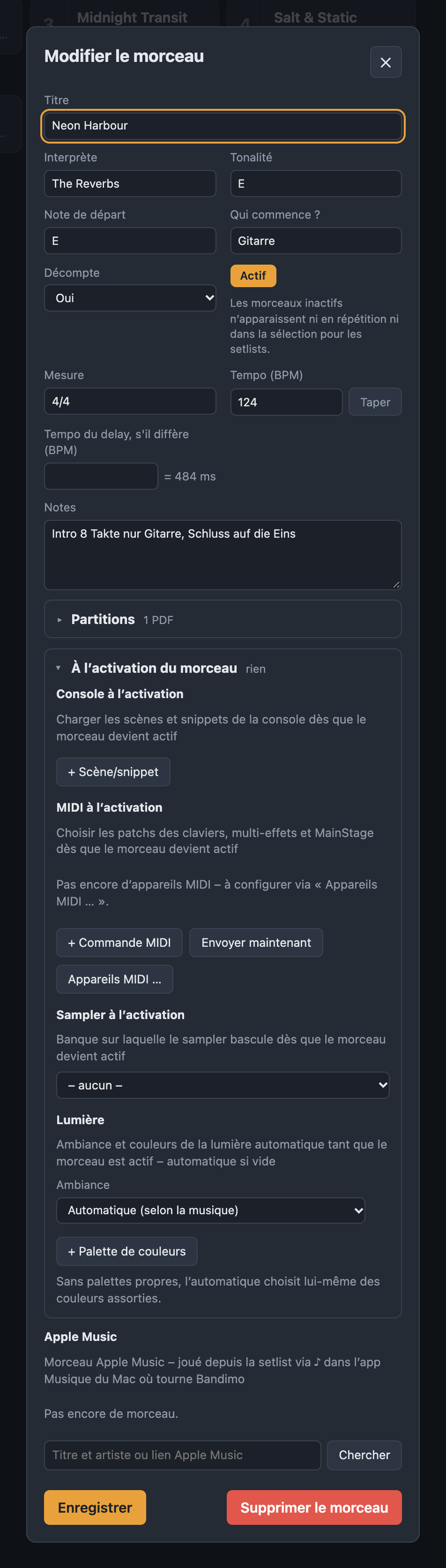 Section À l’activation du morceau avec console, MIDI, sampler, lumière et Apple Music