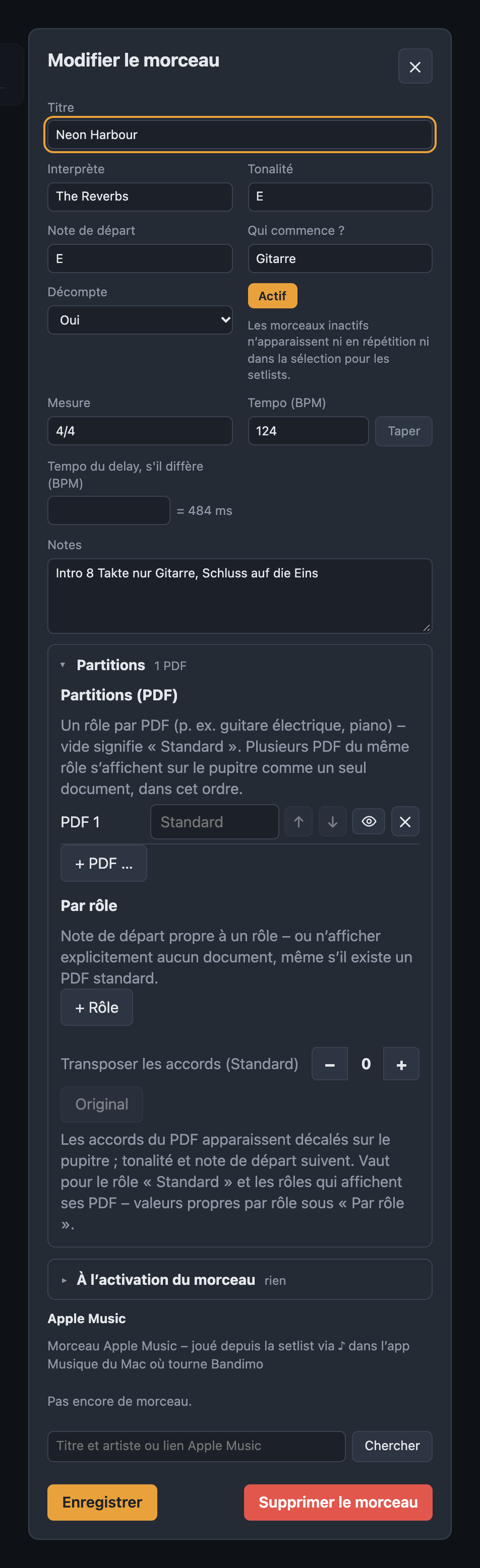 Dialogue Modifier le morceau avec titre, interprète, tonalité, tempo et section Partitions