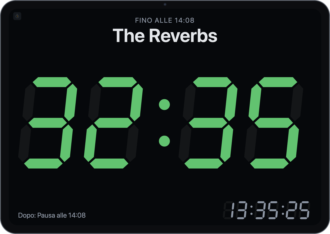 Finestra del timer: tempo residuo per «The Reverbs» su display verde a 7 segmenti, sopra l'orario di fine, sotto lo slot successivo e l'ora