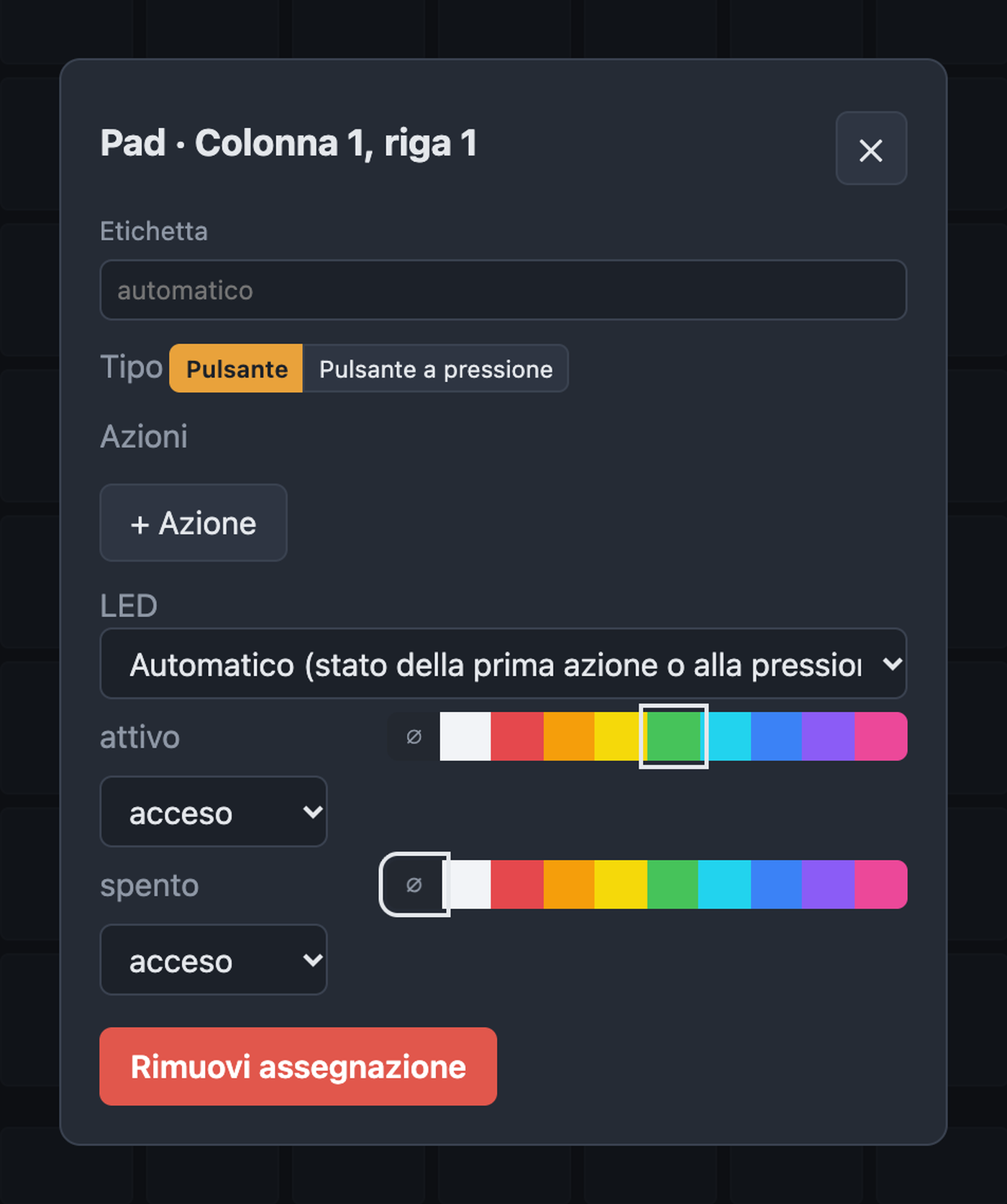 Finestra per assegnare un tasto con etichetta, tipo, azioni e LED