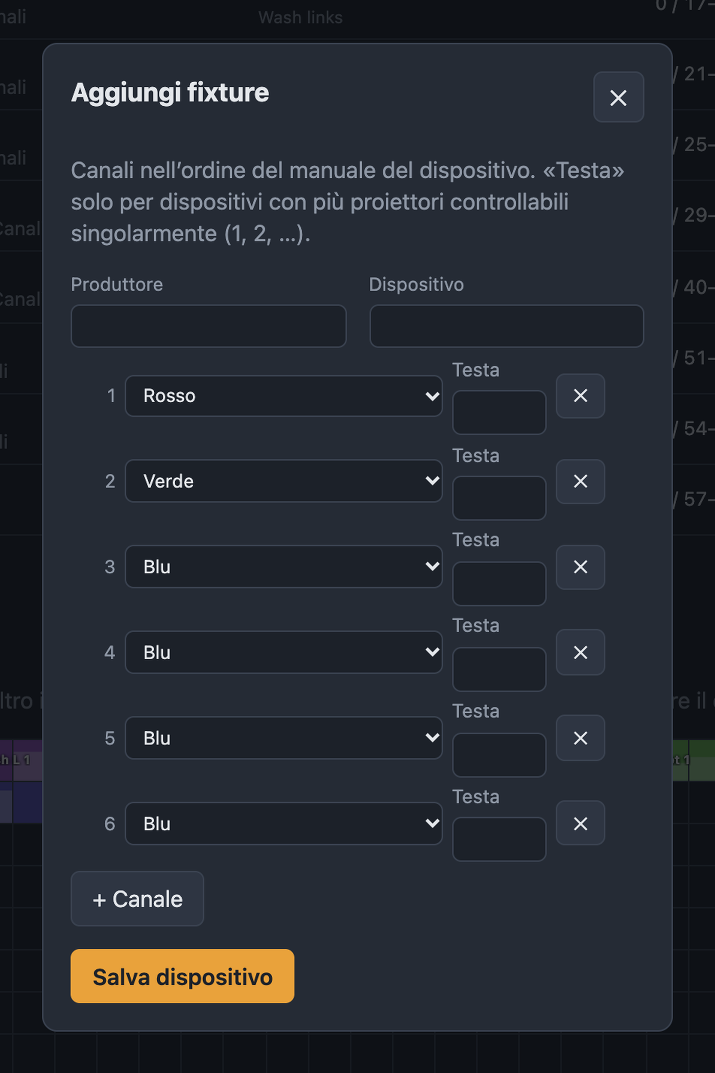 Creare un dispositivo personalizzato con produttore, dispositivo ed elenco dei canali